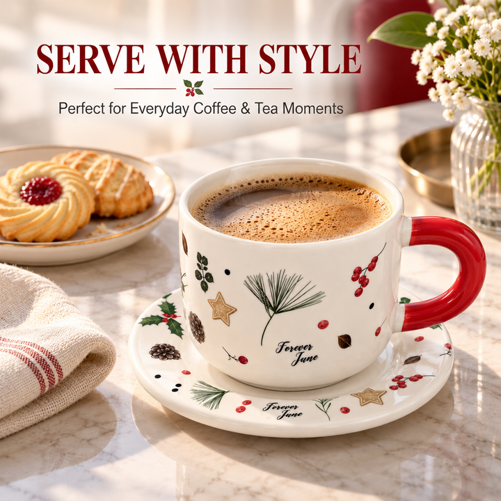 Ceramic Coffee Cup and Saucer Set, Tea Cup with Handle, Elegant White Porcelain Style Cup and Matching Saucer with Botanical Floral Design for Coffee, Tea, Cappuccino and Home Serving