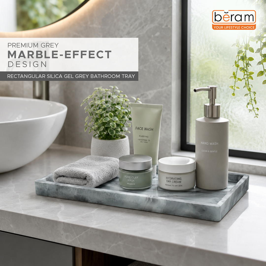 Beram Bathroom Storage Rectangular Tray Grey Marble Effect  Silica GelGrey Bathroom Storage Rack with Silicagel Rectangular Tray for Toiletries and Essentials for Vanity & Sink Counter