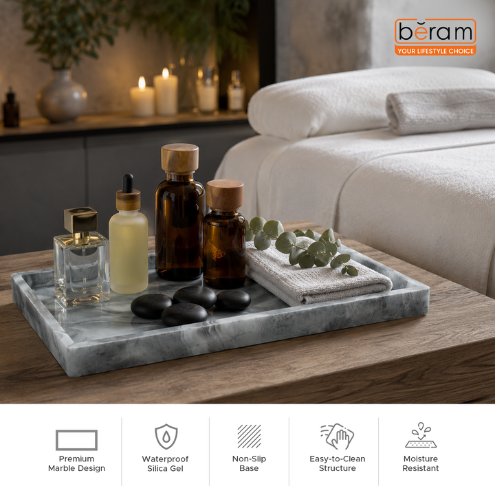 Beram Bathroom Storage Rectangular Tray Grey Marble Effect  Silica GelGrey Bathroom Storage Rack with Silicagel Rectangular Tray for Toiletries and Essentials for Vanity & Sink Counter