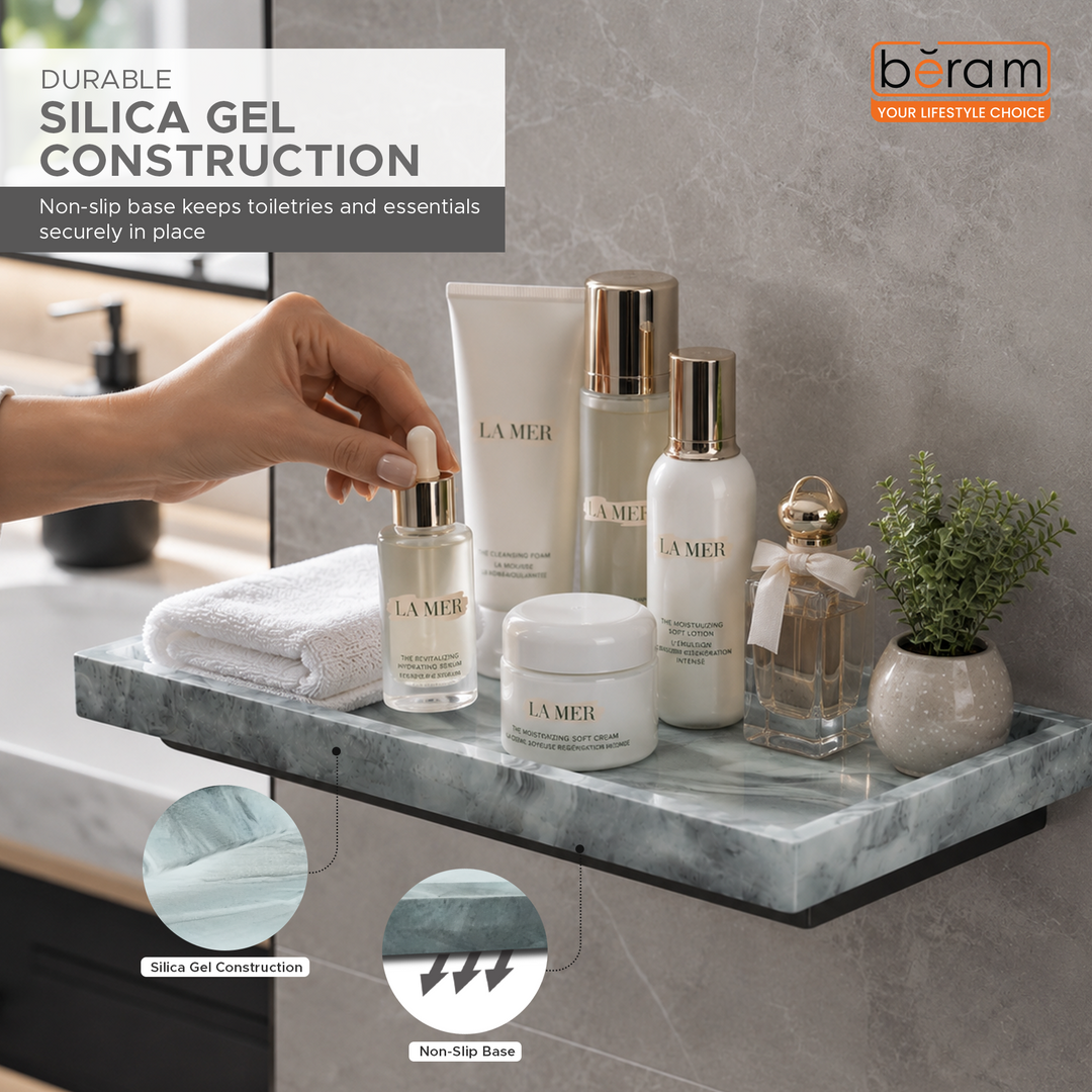 Beram Bathroom Storage Rectangular Tray Grey Marble Effect  Silica GelGrey Bathroom Storage Rack with Silicagel Rectangular Tray for Toiletries and Essentials for Vanity & Sink Counter
