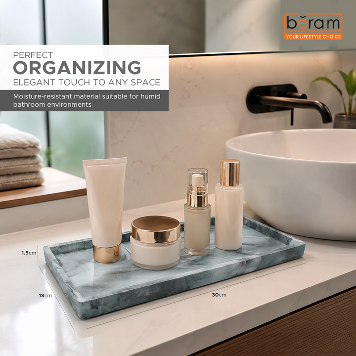 Beram Bathroom Storage Rectangular Tray Grey Marble Effect  Silica GelGrey Bathroom Storage Rack with Silicagel Rectangular Tray for Toiletries and Essentials for Vanity & Sink Counter