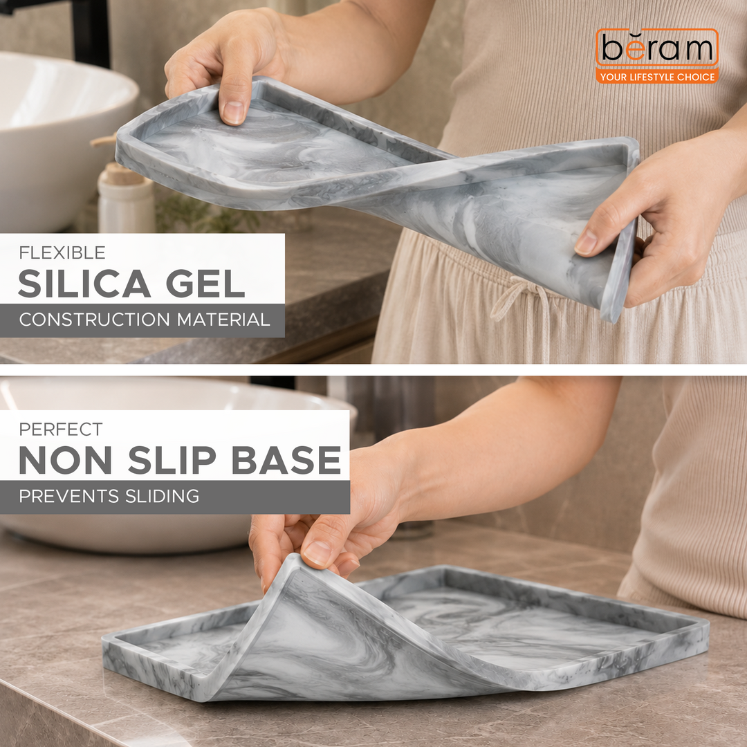 Beram Bathroom Storage Rectangular Tray Grey Marble Effect  Silica GelGrey Bathroom Storage Rack with Silicagel Rectangular Tray for Toiletries and Essentials for Vanity & Sink Counter