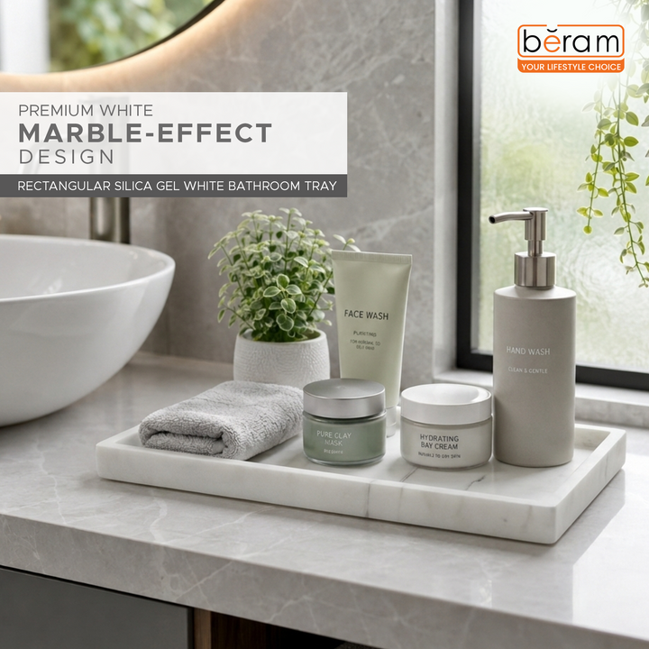 Beram Wall Mounted Bathroom Rack with White Silica Gel Tray Non Slip Rust Resistant Space-Saving Organizer for Soap Shampoo and Bath Essentials
