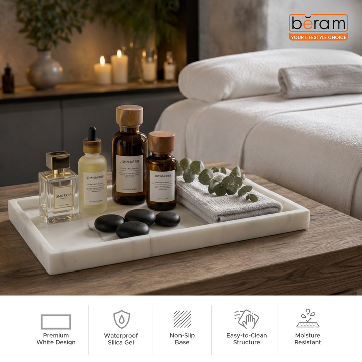 Beram Wall Mounted Bathroom Rack with White Silica Gel Tray Non Slip Rust Resistant Space-Saving Organizer for Soap Shampoo and Bath Essentials