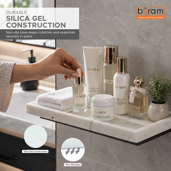Beram Wall Mounted Bathroom Rack with White Silica Gel Tray Non Slip Rust Resistant Space-Saving Organizer for Soap Shampoo and Bath Essentials