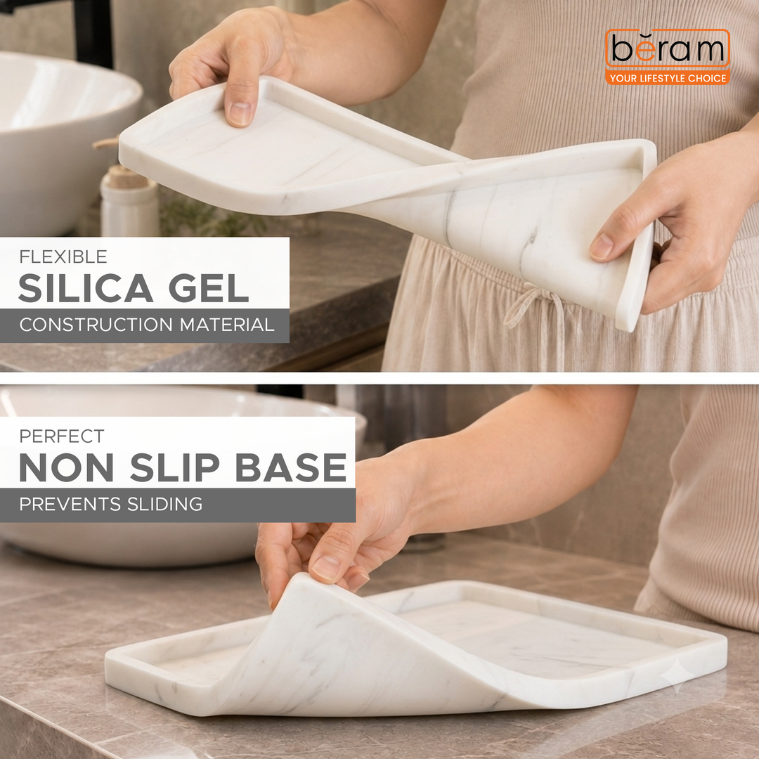 Beram Wall Mounted Bathroom Rack with White Silica Gel Tray Non Slip Rust Resistant Space-Saving Organizer for Soap Shampoo and Bath Essentials