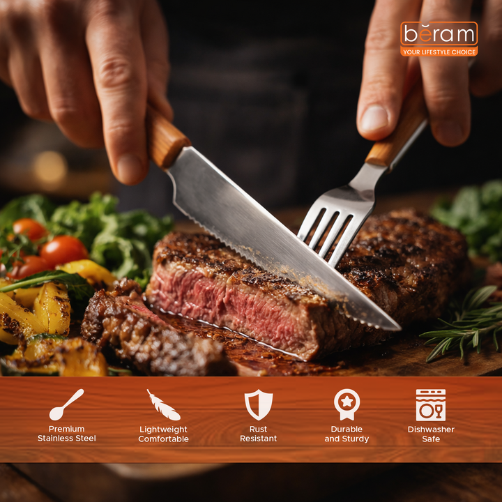 BERAM  Blended Wooden Cutlery Set Premium 4-Piece Stainless Steel Flatware with Natural Wood Handles  Elegant Dining Utensils for Home Kitchen Parties Daily Meals & Special Occasions