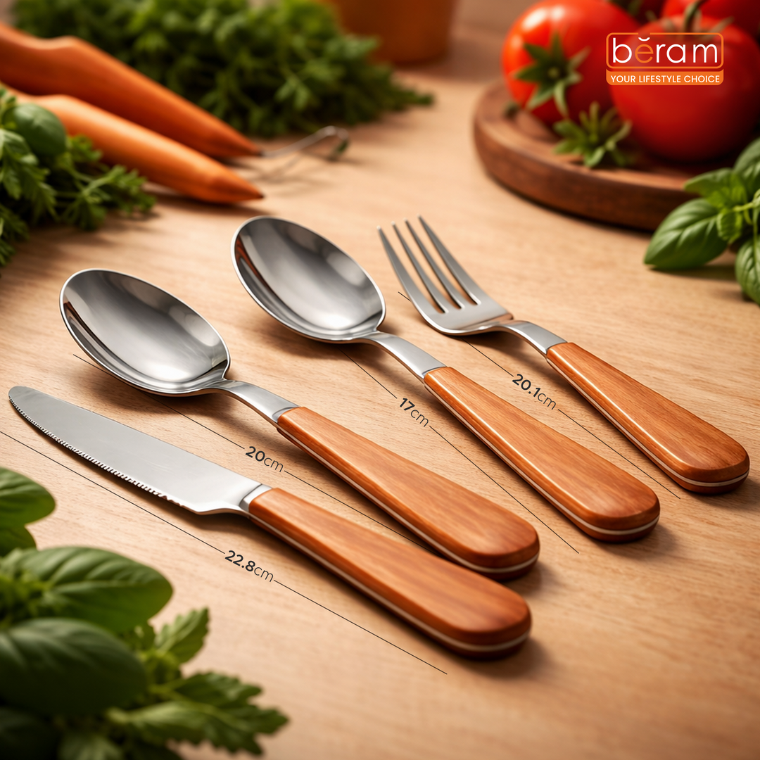 BERAM  Blended Wooden Cutlery Set Premium 4-Piece Stainless Steel Flatware with Natural Wood Handles  Elegant Dining Utensils for Home Kitchen Parties Daily Meals & Special Occasions