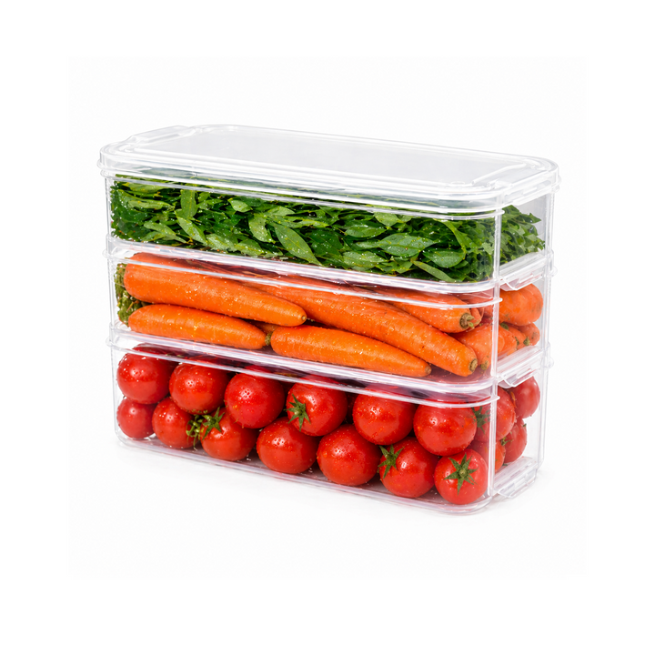 Beram Smart Stack Airtight Containers – Slim Rectangular Storage 6L Each Half Clear PP Airtight Boxes with Lids Stackable Refrigerator Organizer for Meat Cheese Fruits Vegetables & Dry Food Storage