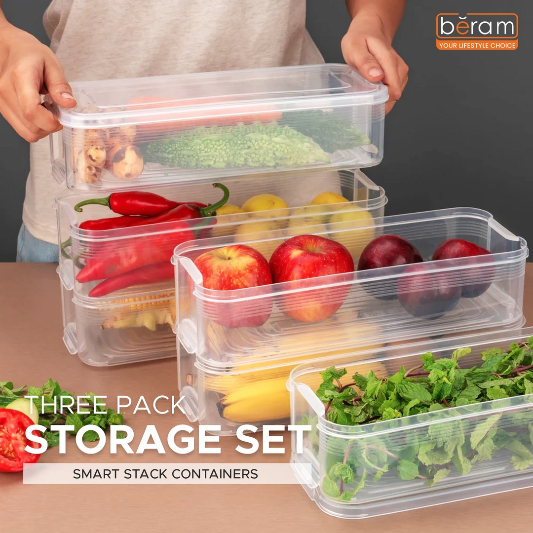 Beram Smart Stack Airtight Containers – Slim Rectangular Storage 6L Each Half Clear PP Airtight Boxes with Lids Stackable Refrigerator Organizer for Meat Cheese Fruits Vegetables & Dry Food Storage