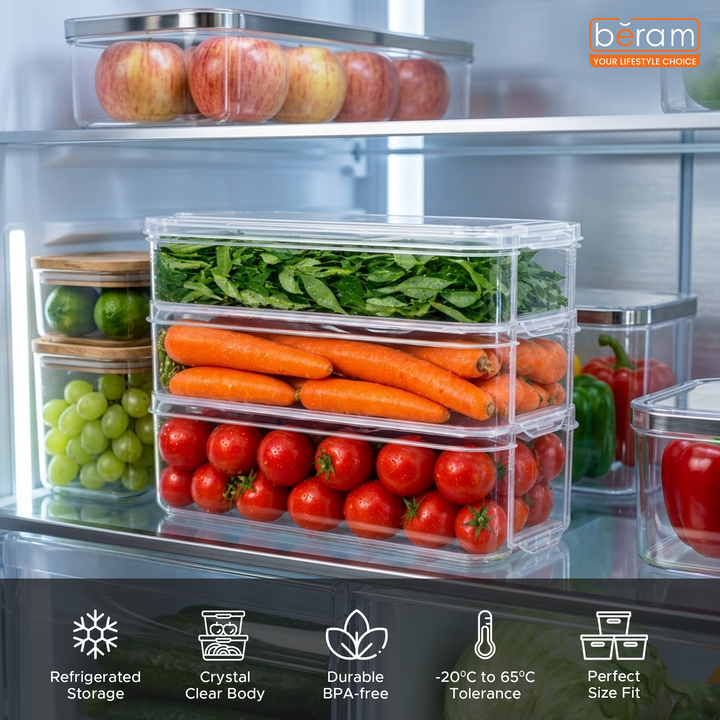 Beram Smart Stack Airtight Containers – Slim Rectangular Storage 6L Each Half Clear PP Airtight Boxes with Lids Stackable Refrigerator Organizer for Meat Cheese Fruits Vegetables & Dry Food Storage
