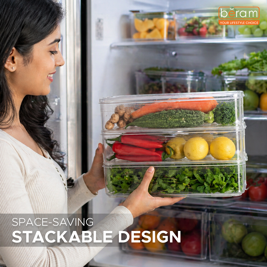 Beram Smart Stack Airtight Containers – Slim Rectangular Storage 6L Each Half Clear PP Airtight Boxes with Lids Stackable Refrigerator Organizer for Meat Cheese Fruits Vegetables & Dry Food Storage
