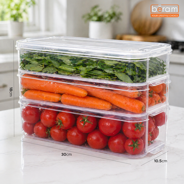 Beram Smart Stack Airtight Containers – Slim Rectangular Storage 6L Each Half Clear PP Airtight Boxes with Lids Stackable Refrigerator Organizer for Meat Cheese Fruits Vegetables & Dry Food Storage