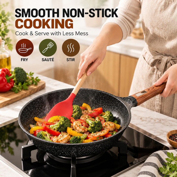 BMN 12 Piece Granite Cookware Set Non Stick Pots and Pans with Lids, Aluminium Casserole 20 24 28 cm, Deep Fry Pan 28 cm, Wok 34 cm, Induction Compatible Cooking Set