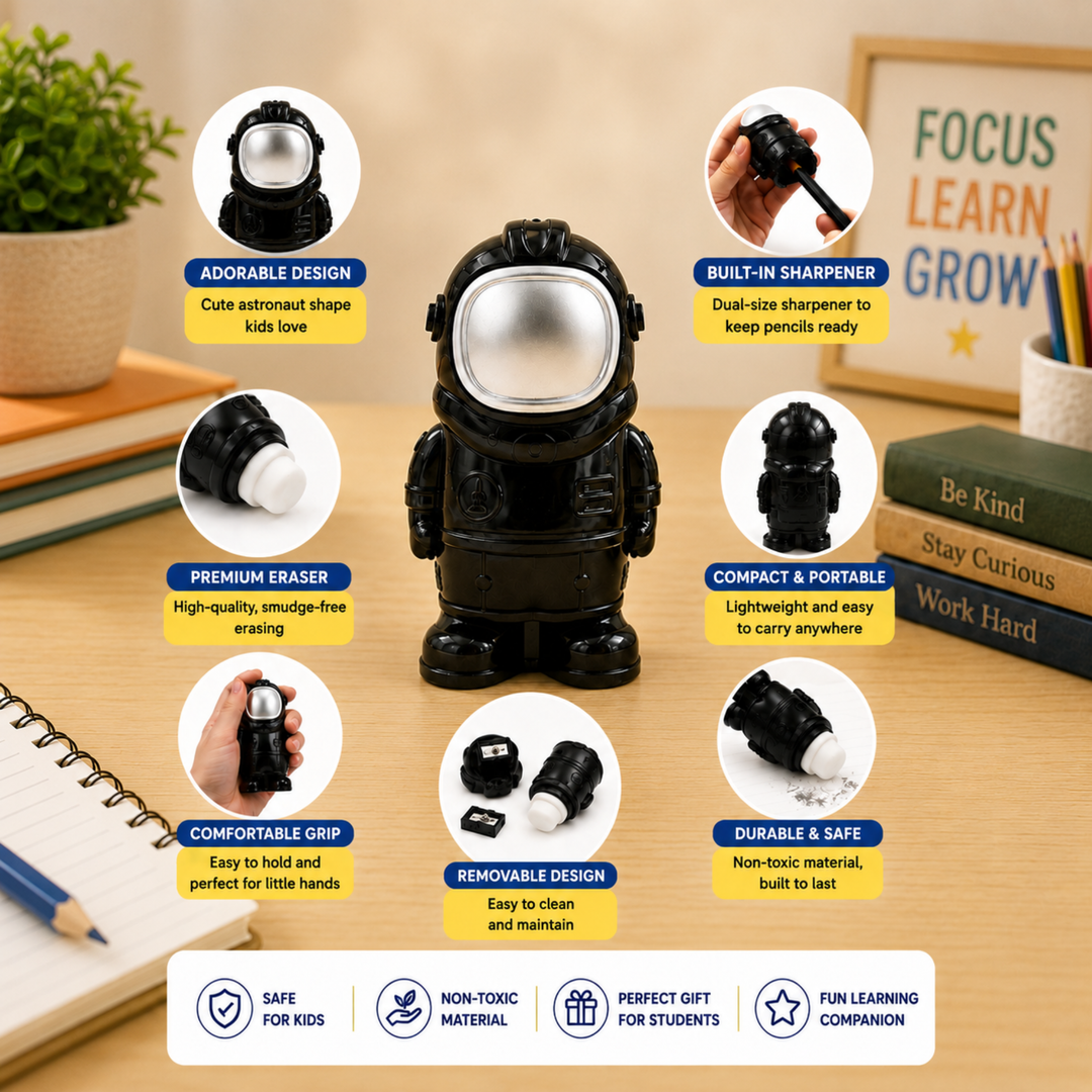 Space Pencil  Sharpener with Eraser, Cute Cartoon Manual Pencil Sharpener with Attractive Design, Novelty Desk Sharpener for School, Office, Home, Study and Everyday Use