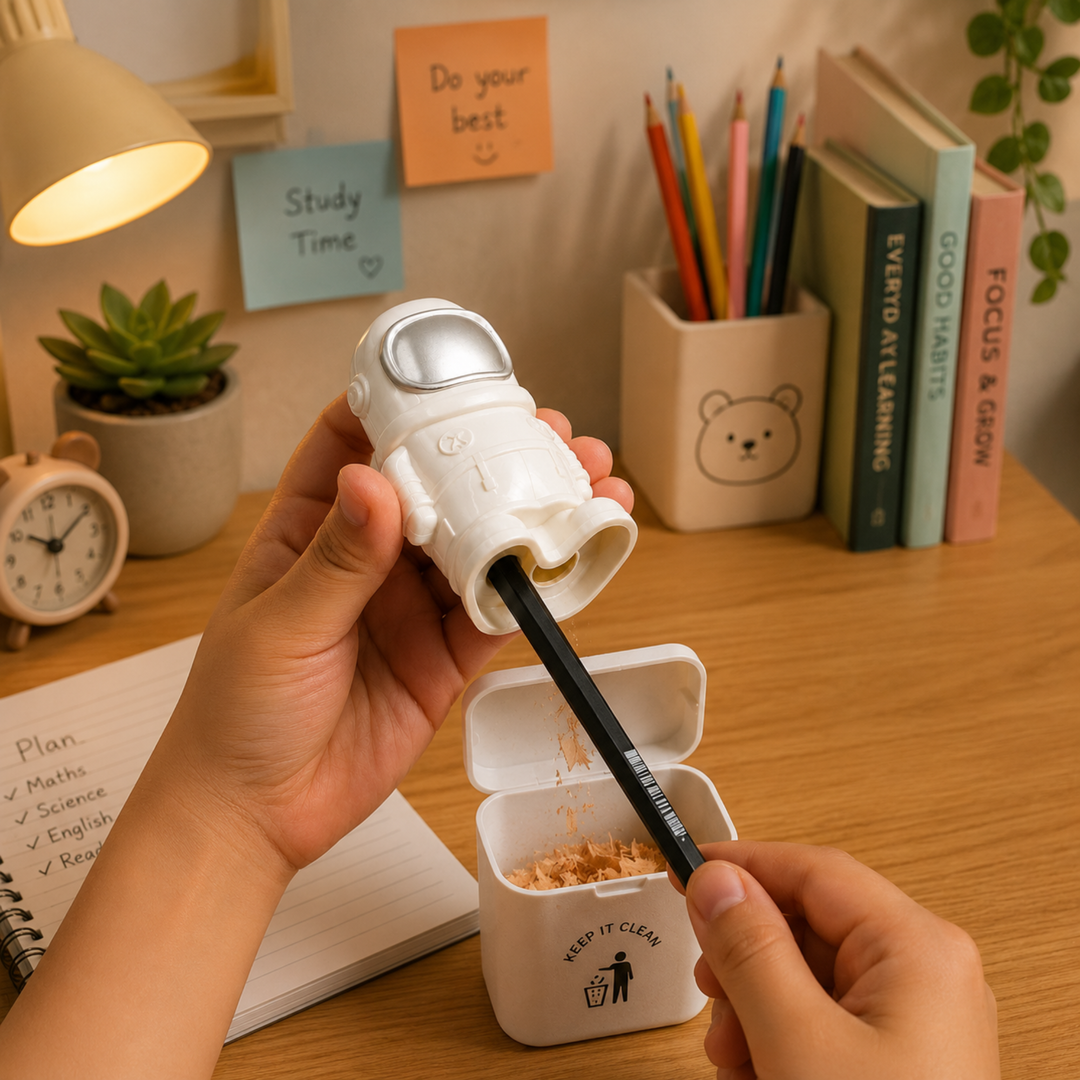 Space Pencil  Sharpener with Eraser, Cute Cartoon Manual Pencil Sharpener with Attractive Design, Novelty Desk Sharpener for School, Office, Home, Study and Everyday Use