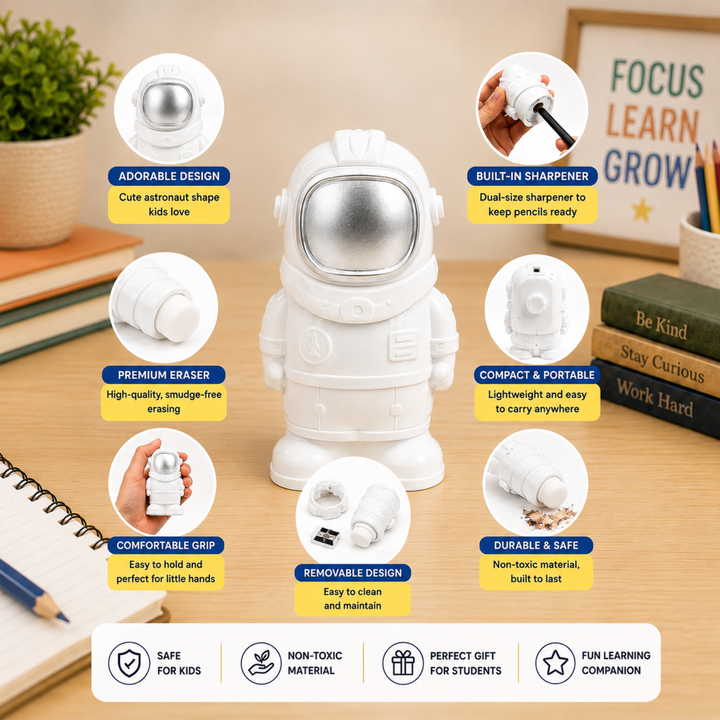 Space Pencil  Sharpener with Eraser, Cute Cartoon Manual Pencil Sharpener with Attractive Design, Novelty Desk Sharpener for School, Office, Home, Study and Everyday Use