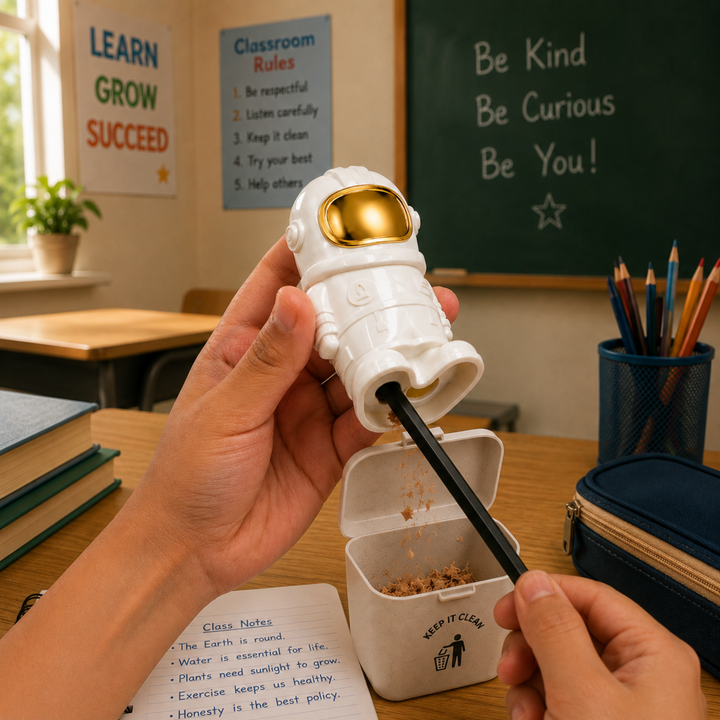 Space Pencil  Sharpener with Eraser, Cute Cartoon Manual Pencil Sharpener with Attractive Design, Novelty Desk Sharpener for School, Office, Home, Study and Everyday Use