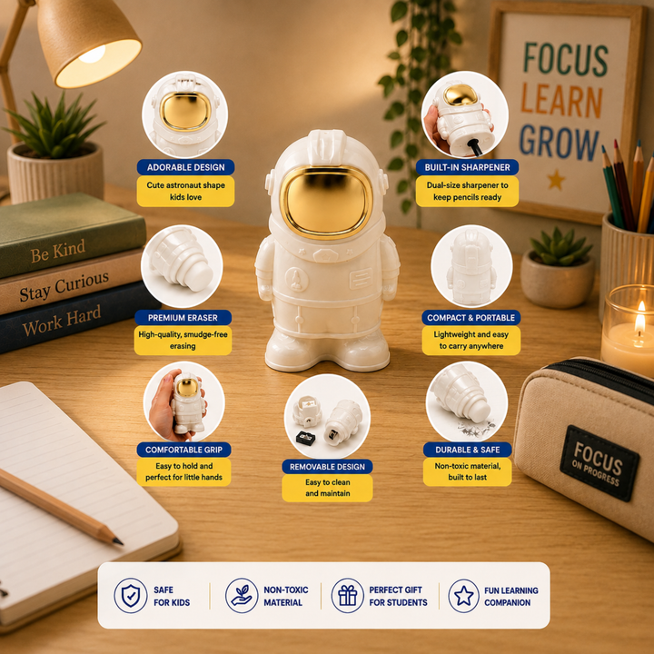 Space Pencil  Sharpener with Eraser, Cute Cartoon Manual Pencil Sharpener with Attractive Design, Novelty Desk Sharpener for School, Office, Home, Study and Everyday Use