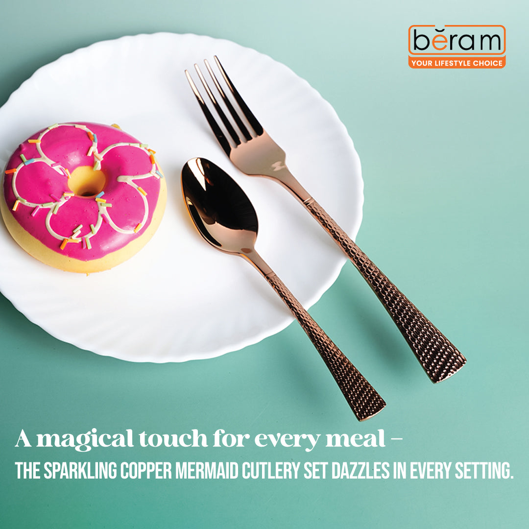 Beram Sparkling Copper Mermaid 304 Cutlery Set – 18/10 Stainless Steel Flatware with Engraved Handles, Elegant Tableware Premium Utensils for Home, Restaurants & Hotels