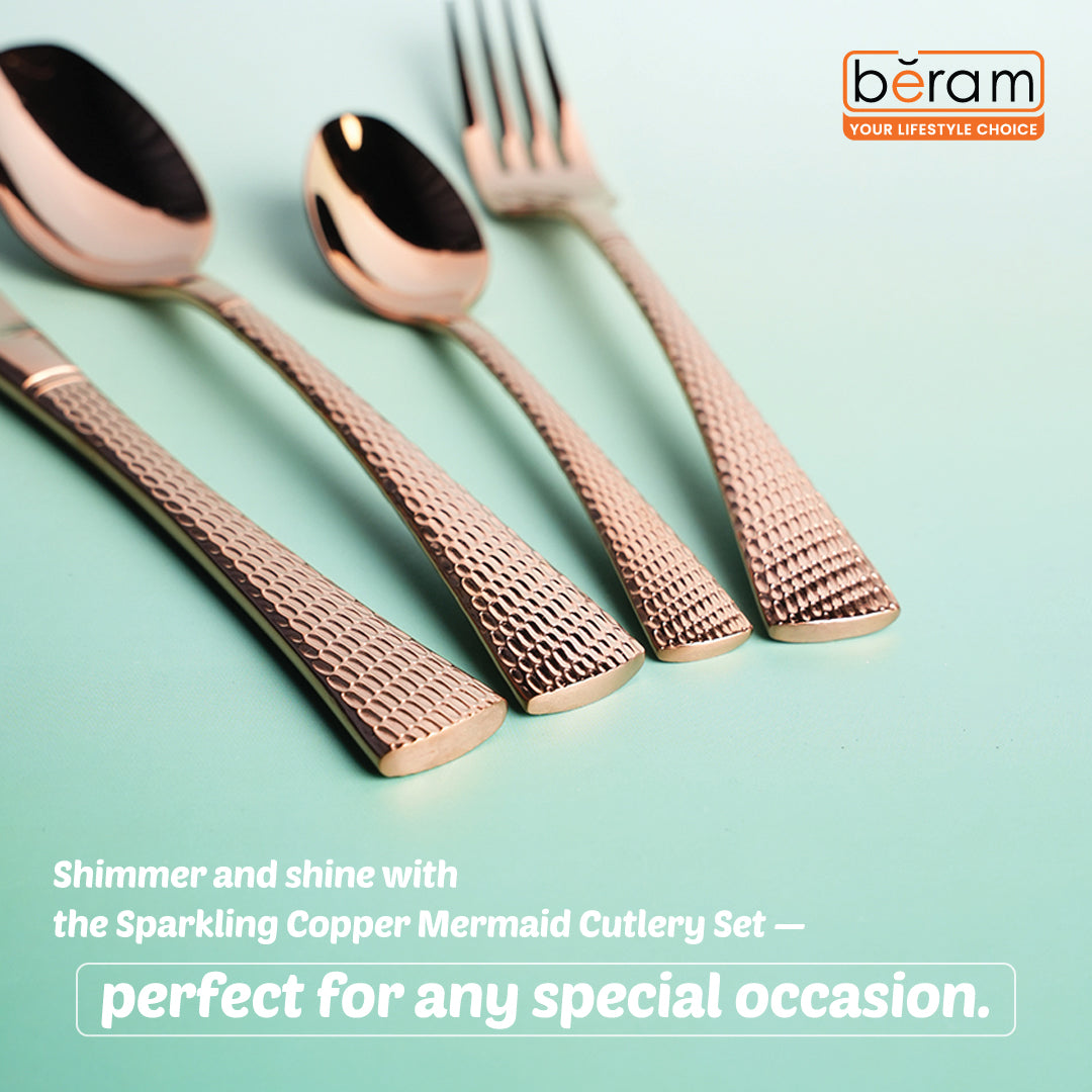 Beram Sparkling Copper Mermaid 304 Cutlery Set – 18/10 Stainless Steel Flatware with Engraved Handles, Elegant Tableware Premium Utensils for Home, Restaurants & Hotels