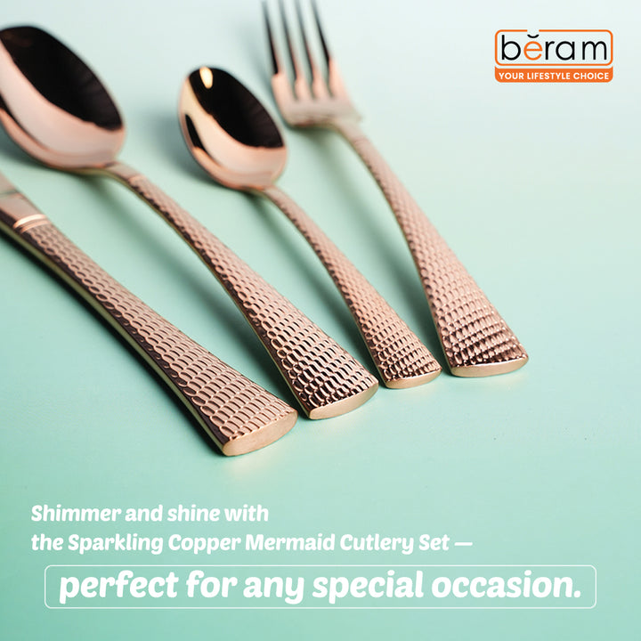 Beram Sparkling Copper Mermaid 304 Cutlery Set – 18/10 Stainless Steel Flatware with Engraved Handles, Elegant Tableware Premium Utensils for Home, Restaurants & Hotels
