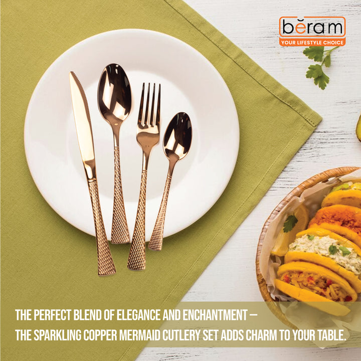 Beram Sparkling Copper Mermaid 304 Cutlery Set – 18/10 Stainless Steel Flatware with Engraved Handles, Elegant Tableware Premium Utensils for Home, Restaurants & Hotels
