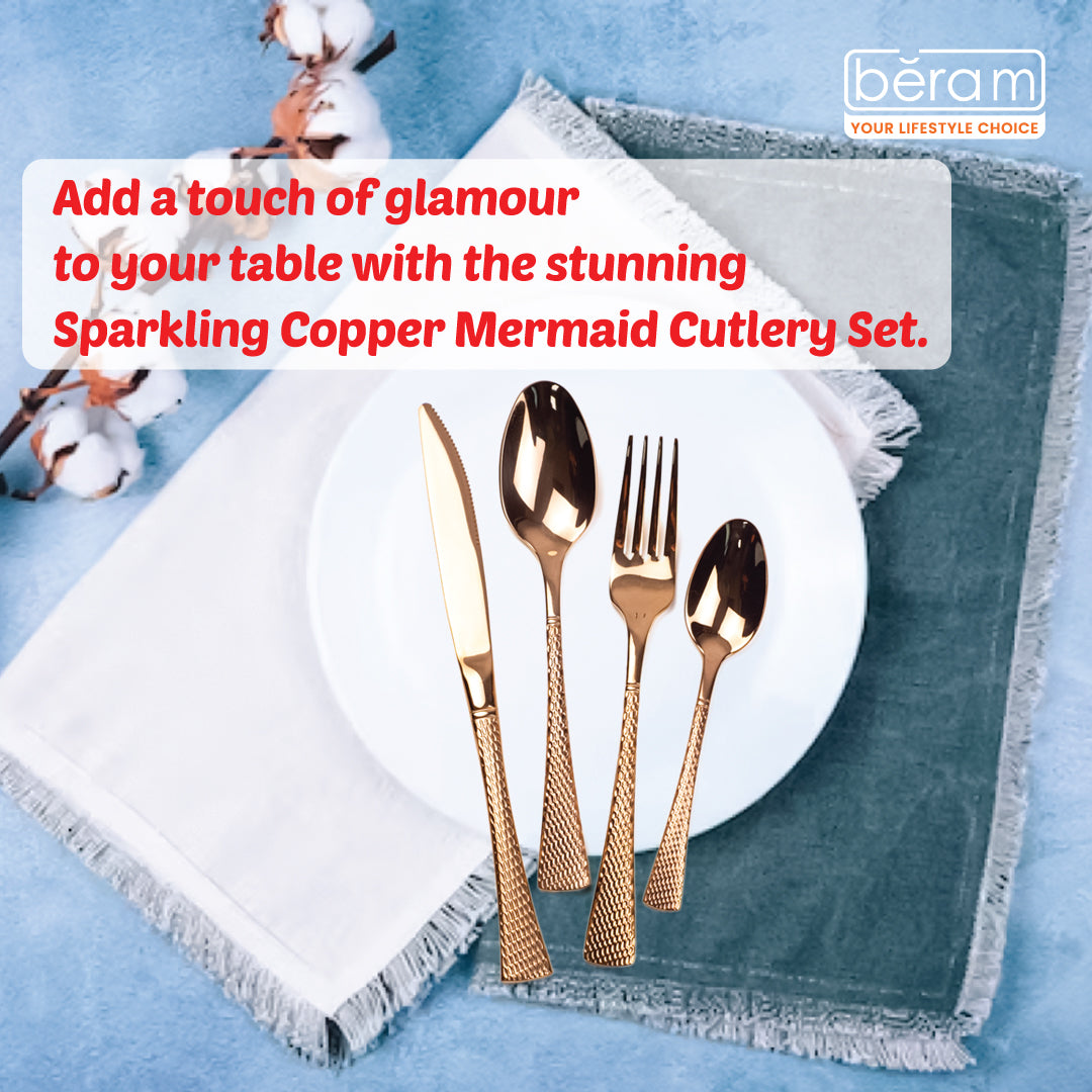 Beram Sparkling Copper Mermaid 304 Cutlery Set – 18/10 Stainless Steel Flatware with Engraved Handles, Elegant Tableware Premium Utensils for Home, Restaurants & Hotels