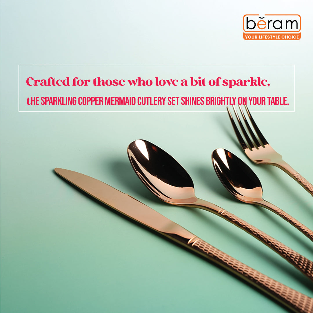Beram Sparkling Copper Mermaid 304 Cutlery Set – 18/10 Stainless Steel Flatware with Engraved Handles, Elegant Tableware Premium Utensils for Home, Restaurants & Hotels
