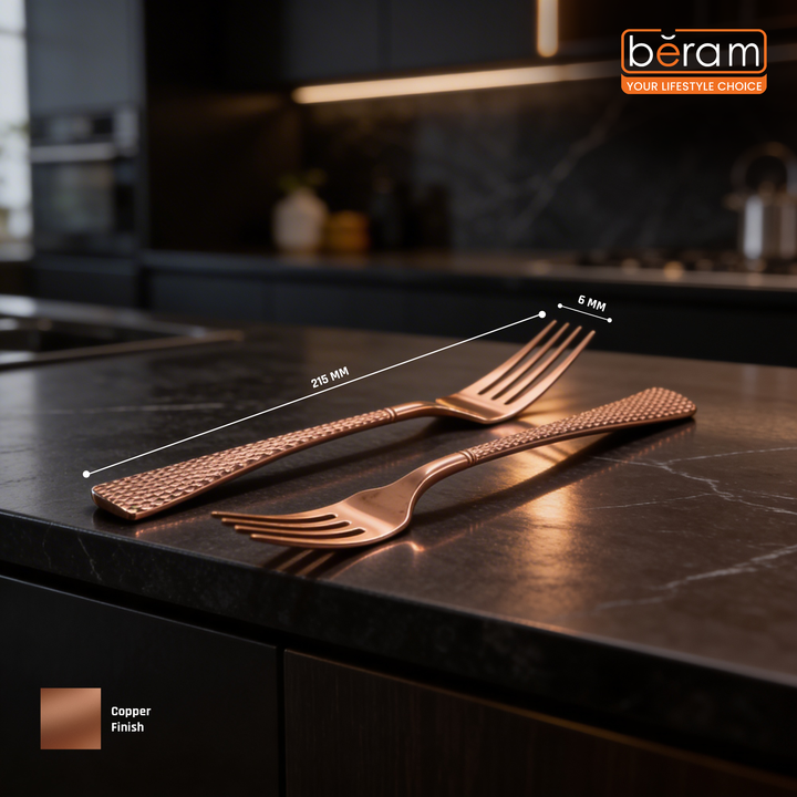 Beram Sparkling Copper Mermaid Cutlery – 18/10 Stainless Steel Flatware with Engraved Handles, Elegant Tableware Premium Utensils for Home, Restaurants & Hotels