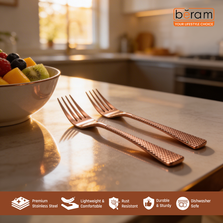 Beram Sparkling Copper Mermaid Cutlery – 18/10 Stainless Steel Flatware with Engraved Handles, Elegant Tableware Premium Utensils for Home, Restaurants & Hotels