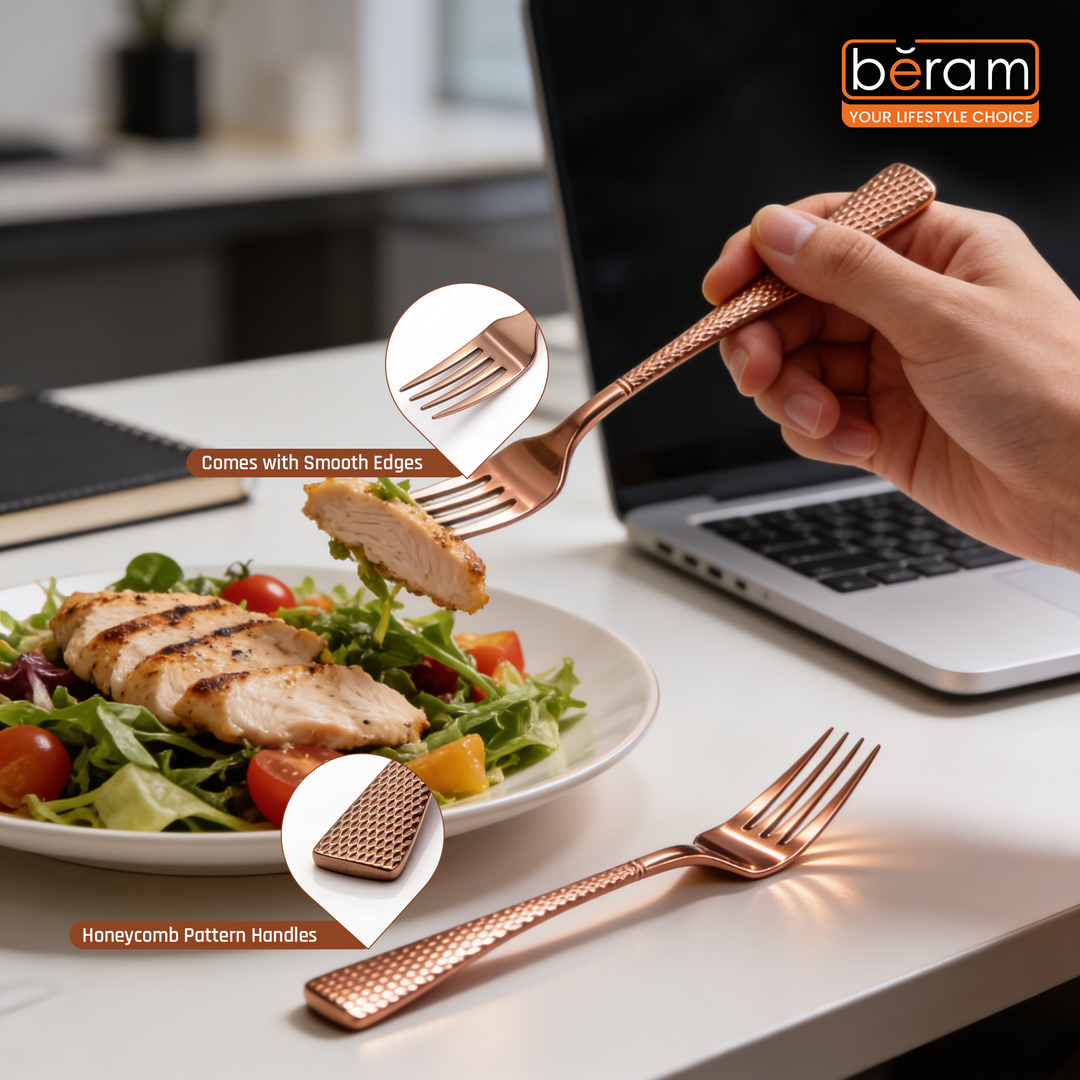Beram Sparkling Copper Mermaid Cutlery – 18/10 Stainless Steel Flatware with Engraved Handles, Elegant Tableware Premium Utensils for Home, Restaurants & Hotels