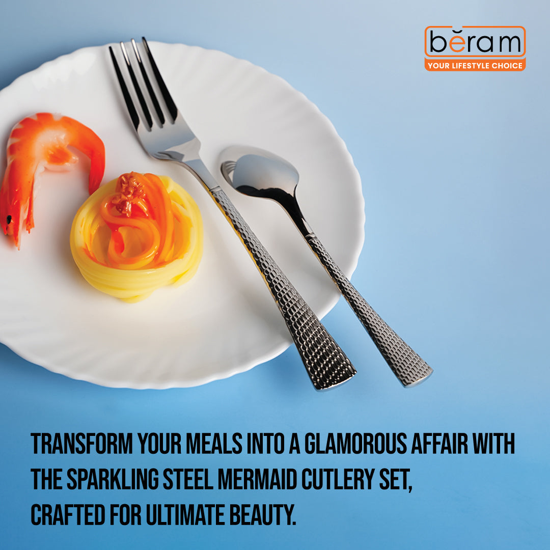 BERAM Sparkling Steel Mermaid Cutlery Set Stainless Steel, Flatware Set,18/10 Grade, Kitchen Utensils Set, Silverware with Engraved Handles Tableware Set For Home, Restaurants, Hotels