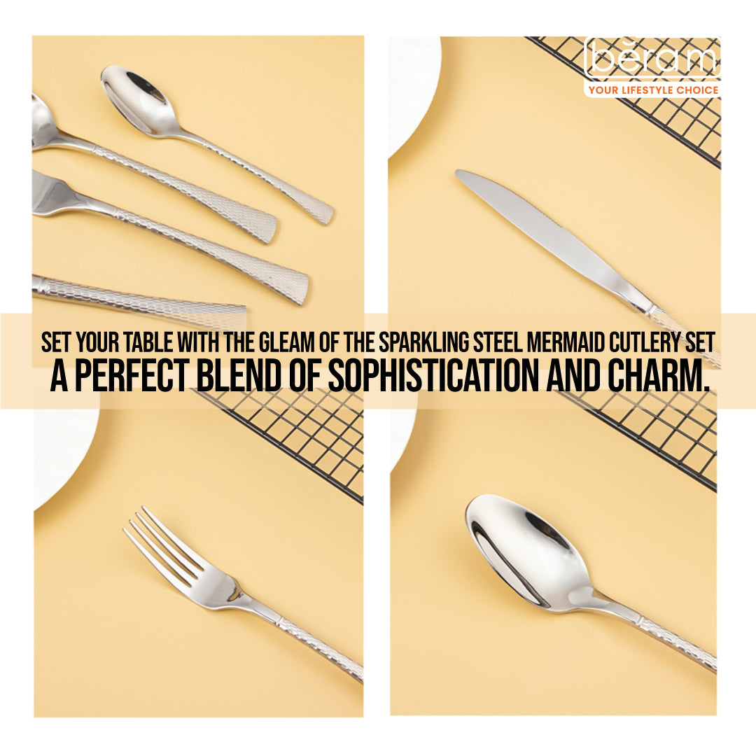 BERAM Sparkling Steel Mermaid Cutlery Set Stainless Steel, Flatware Set,18/10 Grade, Kitchen Utensils Set, Silverware with Engraved Handles Tableware Set For Home, Restaurants, Hotels