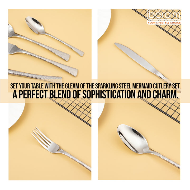 BERAM Sparkling Steel Mermaid Cutlery Set Stainless Steel, Flatware Set,18/10 Grade, Kitchen Utensils Set, Silverware with Engraved Handles Tableware Set For Home, Restaurants, Hotels