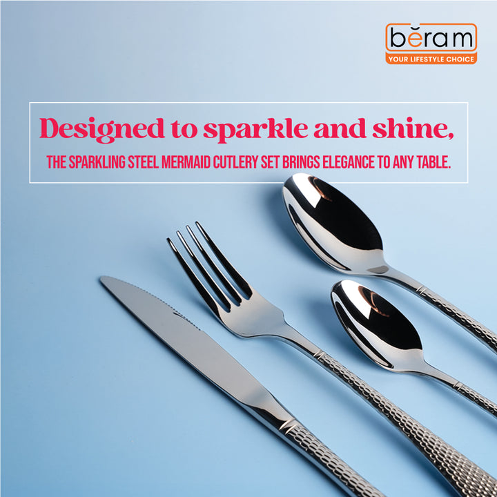 BERAM Sparkling Steel Mermaid Cutlery Set Stainless Steel, Flatware Set,18/10 Grade, Kitchen Utensils Set, Silverware with Engraved Handles Tableware Set For Home, Restaurants, Hotels