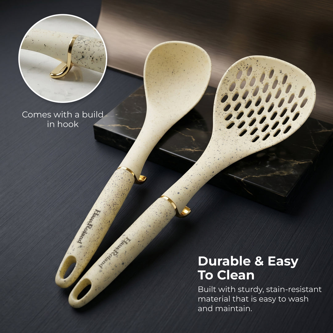 Haus Roland 7 Piece Kitchen Utensil Set with Stand – Heat Resistant Nylon Cooking Tools Set, Non Stick Safe Spatula Ladle Whisk Pasta Server Skimmer Masher with Holder