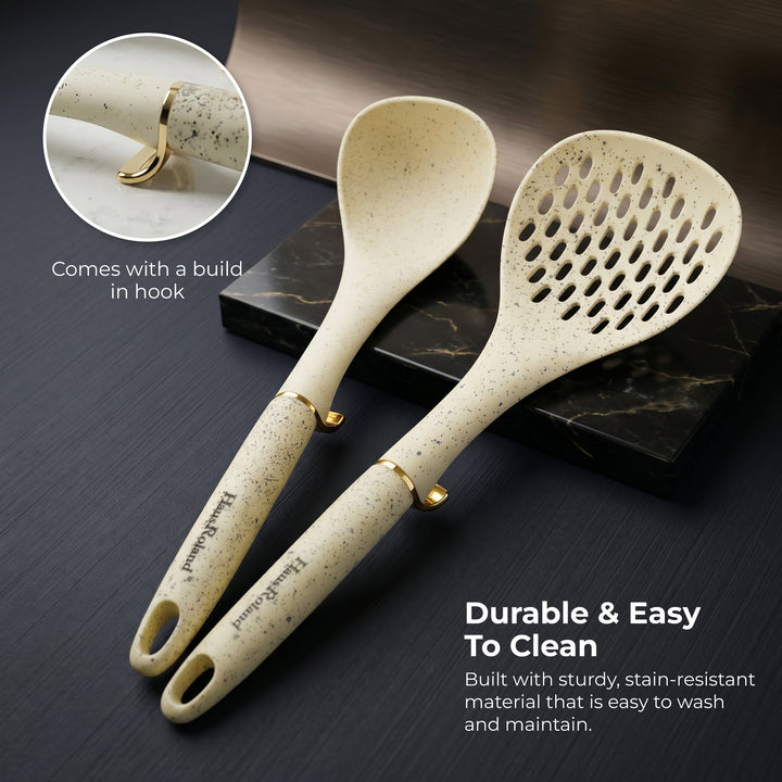 Haus Roland 7 Piece Kitchen Utensil Set with Stand – Heat Resistant Nylon Cooking Tools Set, Non Stick Safe Spatula Ladle Whisk Pasta Server Skimmer Masher with Holder