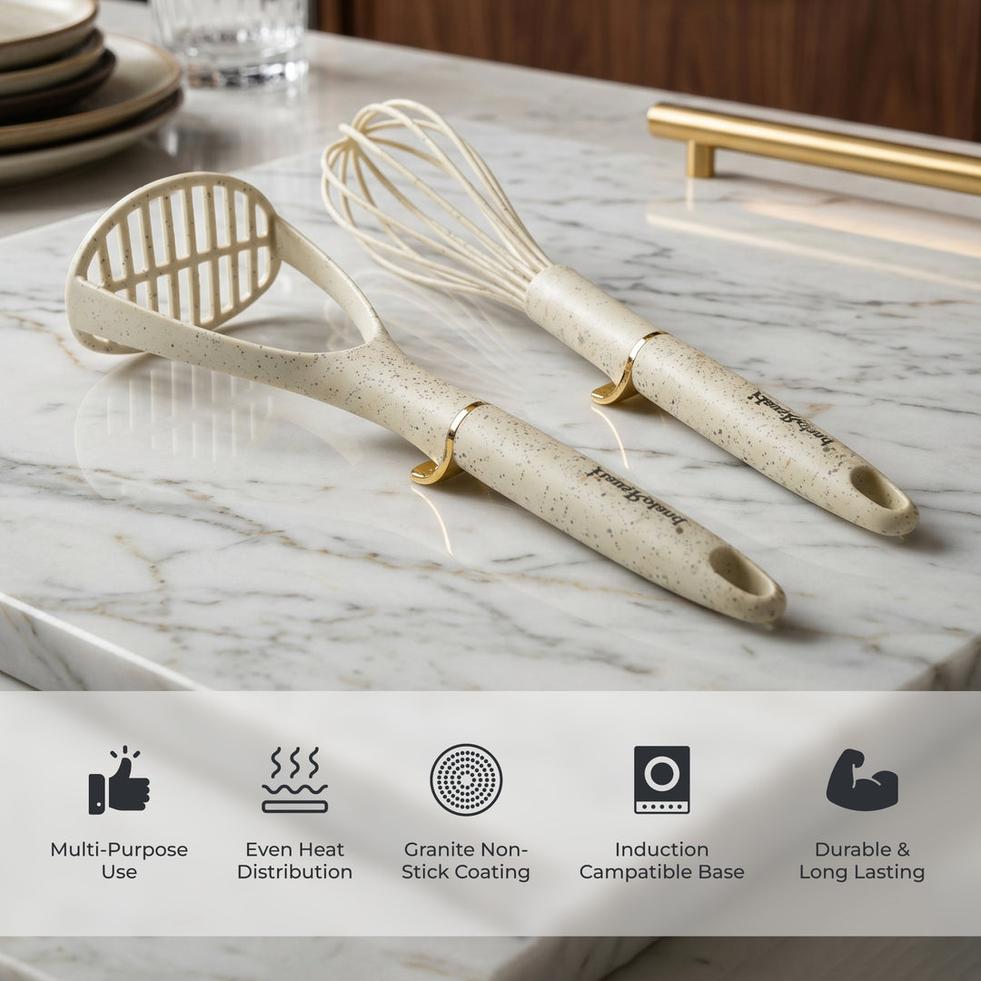 Haus Roland 7 Piece Kitchen Utensil Set with Stand – Heat Resistant Nylon Cooking Tools Set, Non Stick Safe Spatula Ladle Whisk Pasta Server Skimmer Masher with Holder