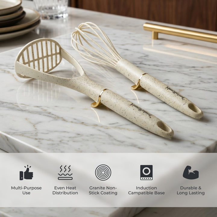 Haus Roland 7 Piece Kitchen Utensil Set with Stand – Heat Resistant Nylon Cooking Tools Set, Non Stick Safe Spatula Ladle Whisk Pasta Server Skimmer Masher with Holder
