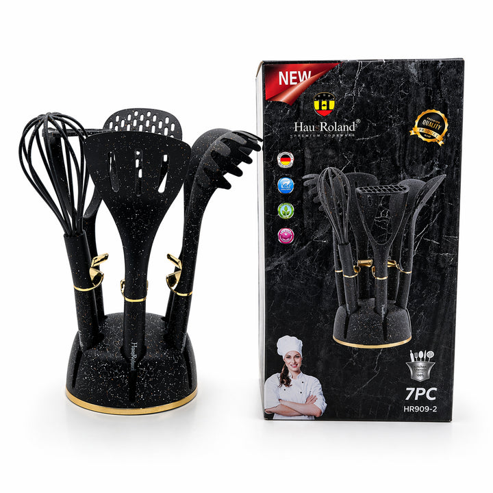 Haus Roland 7 Piece Kitchen Utensil Set with Stand – Heat Resistant Nylon Cooking Tools Set, Non Stick Safe Spatula Ladle Whisk Pasta Server Skimmer Masher with Holder