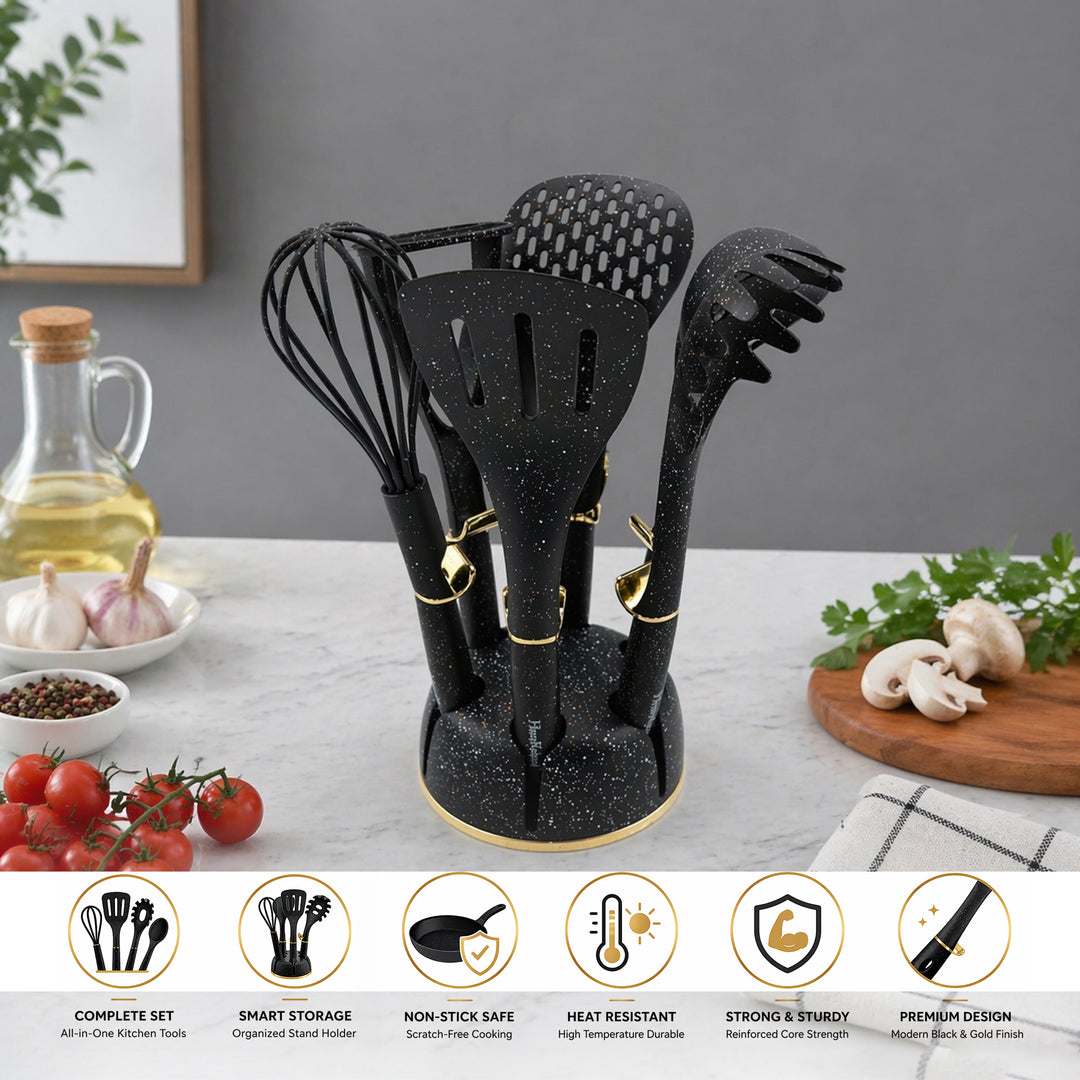 Haus Roland 7 Piece Kitchen Utensil Set with Stand – Heat Resistant Nylon Cooking Tools Set, Non Stick Safe Spatula Ladle Whisk Pasta Server Skimmer Masher with Holder