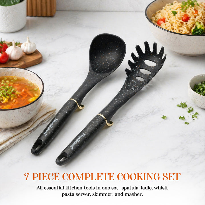 Haus Roland 7 Piece Kitchen Utensil Set with Stand – Heat Resistant Nylon Cooking Tools Set, Non Stick Safe Spatula Ladle Whisk Pasta Server Skimmer Masher with Holder