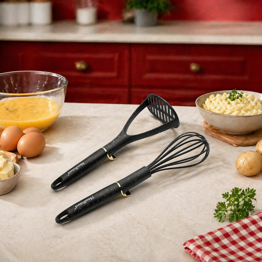 Haus Roland 7 Piece Kitchen Utensil Set with Stand – Heat Resistant Nylon Cooking Tools Set, Non Stick Safe Spatula Ladle Whisk Pasta Server Skimmer Masher with Holder