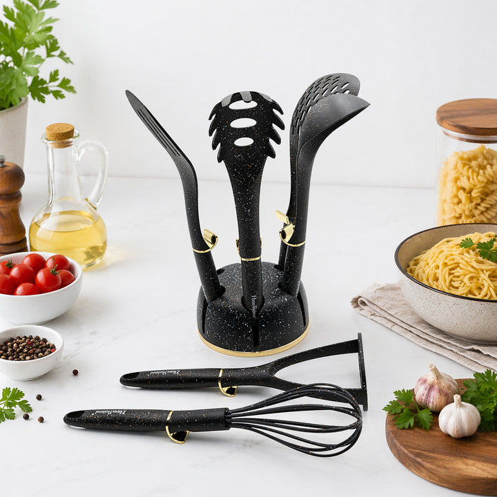 Haus Roland 7 Piece Kitchen Utensil Set with Stand – Heat Resistant Nylon Cooking Tools Set, Non Stick Safe Spatula Ladle Whisk Pasta Server Skimmer Masher with Holder