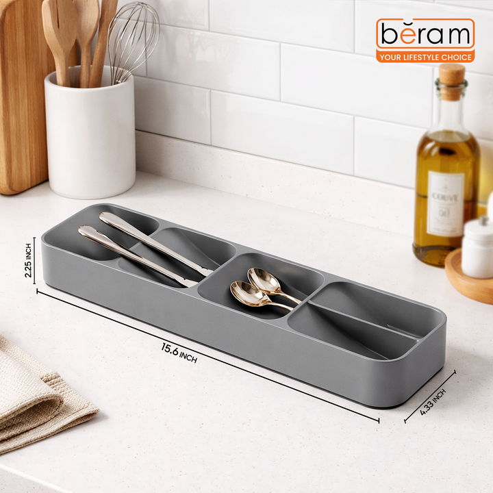 Beram Kitchen Drawer Cutlery Organizer Tray 39.6×11×5.5 cm – Utensil Holder Rack for Spoons, Forks & Knives, Compact Silverware Divider Storage Box, Plastic Drawer Organizer for Kitchen Tools & Gadgets