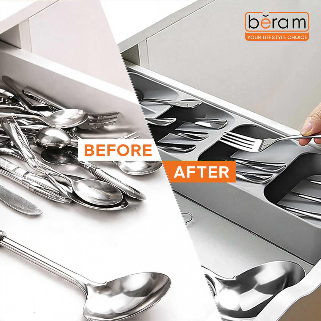 Beram Kitchen Drawer Cutlery Organizer Tray 39.6×11×5.5 cm – Utensil Holder Rack for Spoons, Forks & Knives, Compact Silverware Divider Storage Box, Plastic Drawer Organizer for Kitchen Tools & Gadgets