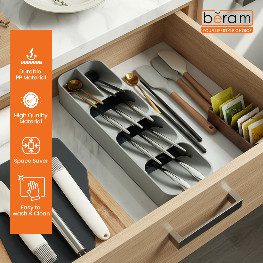 Beram Kitchen Drawer Cutlery Organizer Tray 39.6×11×5.5 cm – Utensil Holder Rack for Spoons, Forks & Knives, Compact Silverware Divider Storage Box, Plastic Drawer Organizer for Kitchen Tools & Gadgets