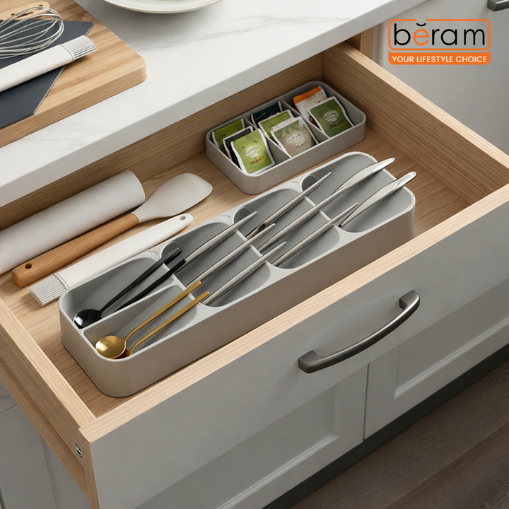 Beram Kitchen Drawer Cutlery Organizer Tray 39.6×11×5.5 cm – Utensil Holder Rack for Spoons, Forks & Knives, Compact Silverware Divider Storage Box, Plastic Drawer Organizer for Kitchen Tools & Gadgets
