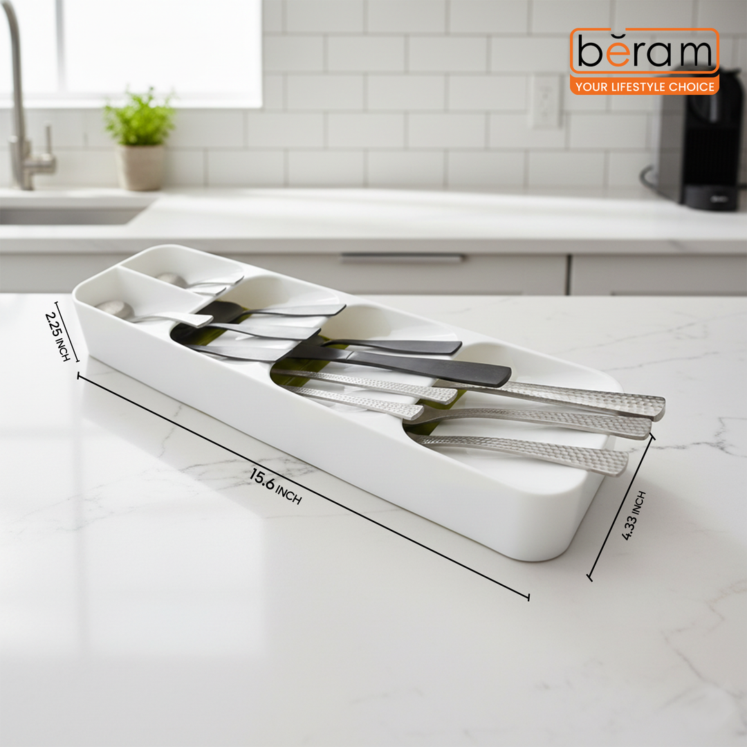 Beram Kitchen Drawer Cutlery Organizer Tray 39.6×11×5.5 cm – Utensil Holder Rack for Spoons, Forks & Knives, Compact Silverware Divider Storage Box, Plastic Drawer Organizer for Kitchen Tools & Gadgets